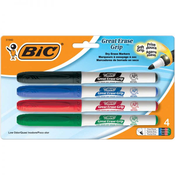 BIC® Great Erase® Low Odor Dry Erase Markers, Fine Point, Assorted Colors, Pack of 4