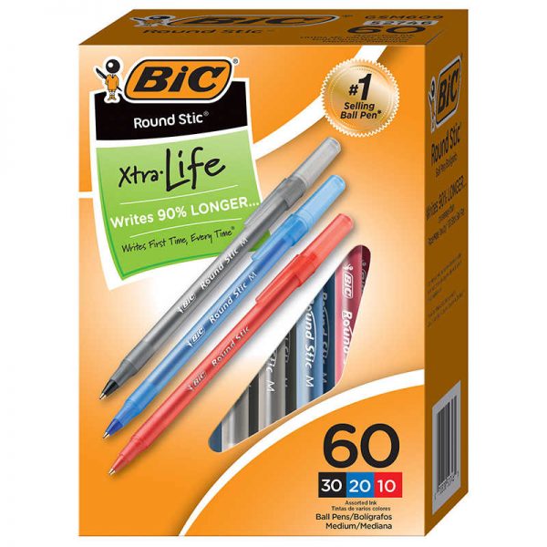 BIC® Round Stic® Xtra Life Ballpoint Pens, Medium Point (1.0mm), Assorted, Box of 60