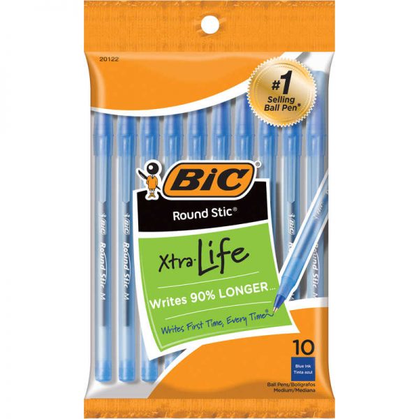 BIC® Round Stic® Xtra Life Ballpoint Pen, Medium Point (1.0mm), Blue, Pack of 10