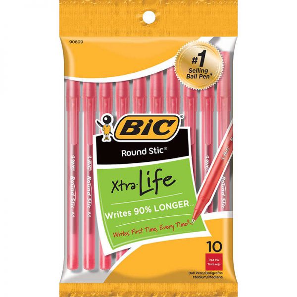 BIC® Round Stic® Xtra Life Ballpoint Pen, Medium Point (1.0mm), Red, Pack of 10