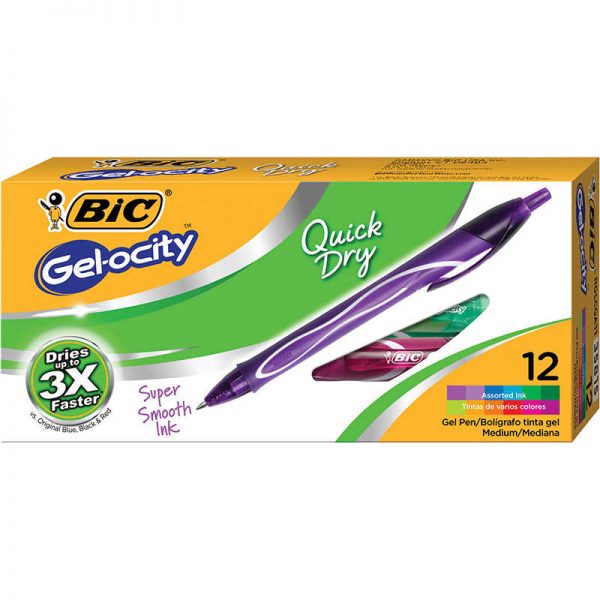 BIC® Gel-ocity® Quick Dry Retractable Gel Pens, Assorted Fashion Colors, Pack of 12