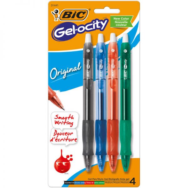 BIC® Gel-ocity Quick Dry Retractable Gel Pen, Medium Point (0.7mm), Assorted Colors, Pack of 4