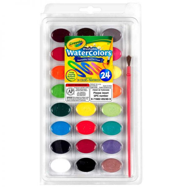 Crayola® Washable Watercolor Pans with Plastic Handled Brush, 24 Colors