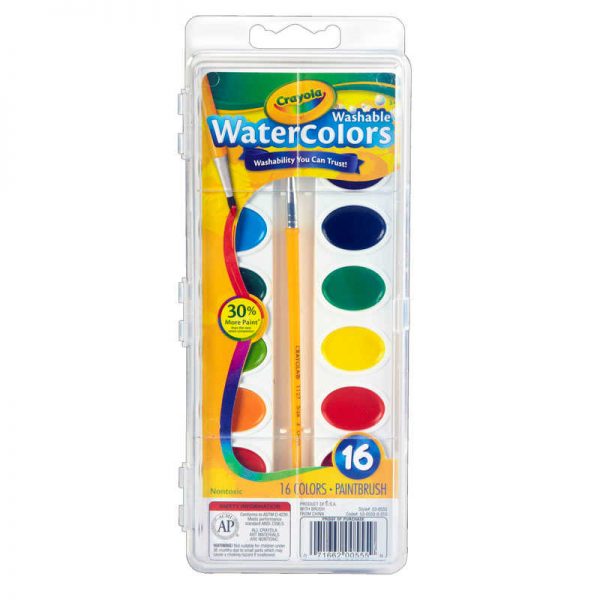 Crayola® Washable Watercolors, 16 semi-moist oval pans & brush
