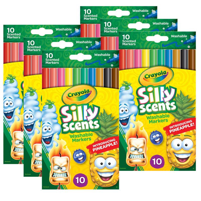 Crayola® Silly Scents™ Washable Markers, Slim, 10 Colors/Scents Per Box, 6 Boxes