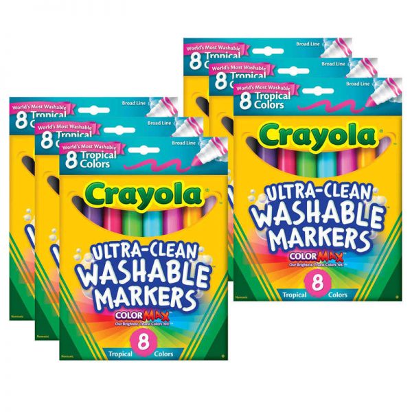Crayola® ColorMAX™ Ultra-Clean Washable Markers, Broad Line, Tropical Colors, 8 Per Box, 6 Boxes