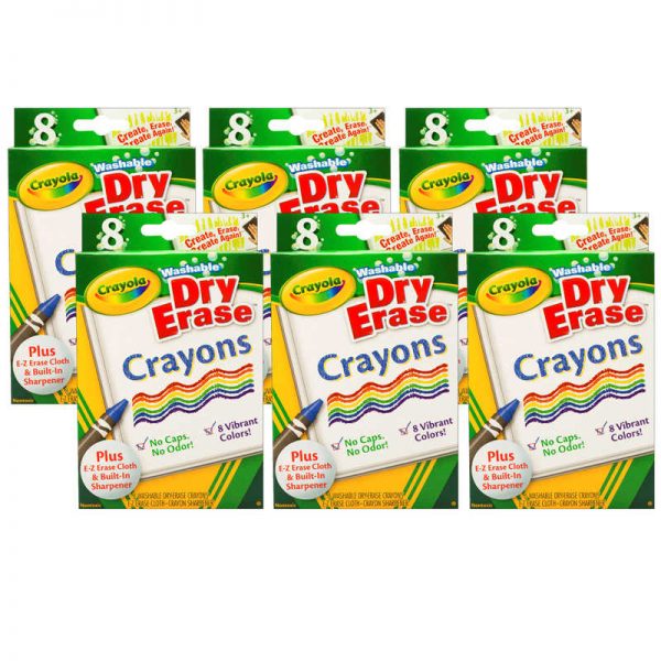 Crayola® Dry Erase Washable Crayons, Vibrant Colors, 8 Per Box, 6 Boxes