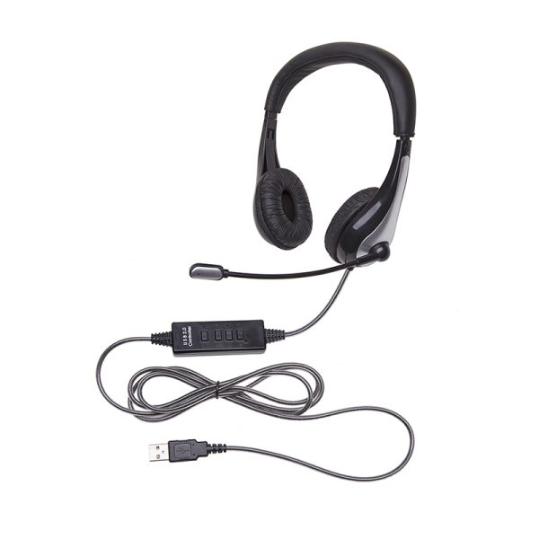 Califone NeoTech 1025MUSB On-Ear Stereo Headset with Gooseneck Microphone, USB Plug, Black/Silver