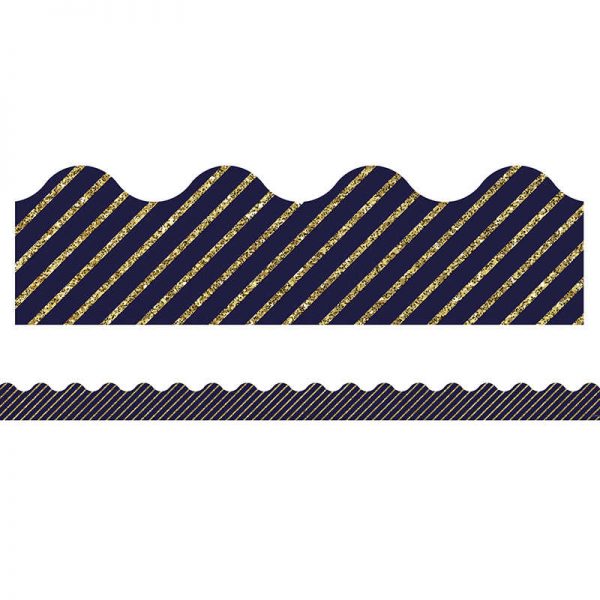 Carson Dellosa Education Sparkle + Shine Gold Glitter and Navy Stripe Scalloped Border, 39'