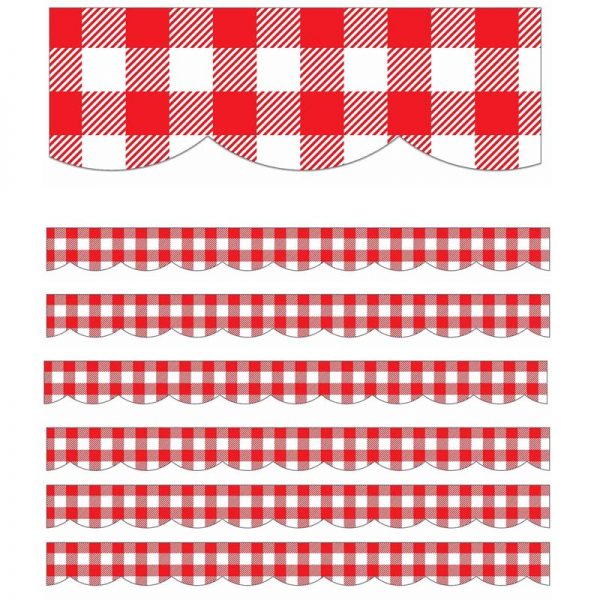 Schoolgirl Style™ Black, White & Stylish Brights Red Gingham Scalloped Borders, 39 Feet Per Pack, 6 Packs