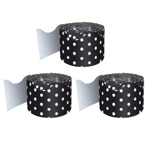 Carson Dellosa Education Black with White Polka Dots Rolled Scalloped Border, 65 Feet Per Roll, Pack of 3