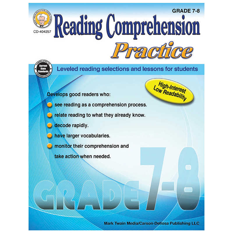 Mark Twain Media Reading Comprehension Practice Resource Book, Grade 7-8, Paperback