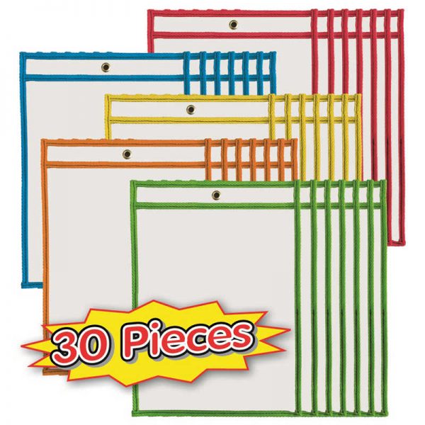 Charles Leonard Dry Erase Pockets, 9" x 12", Assorted Colors, Set of 30