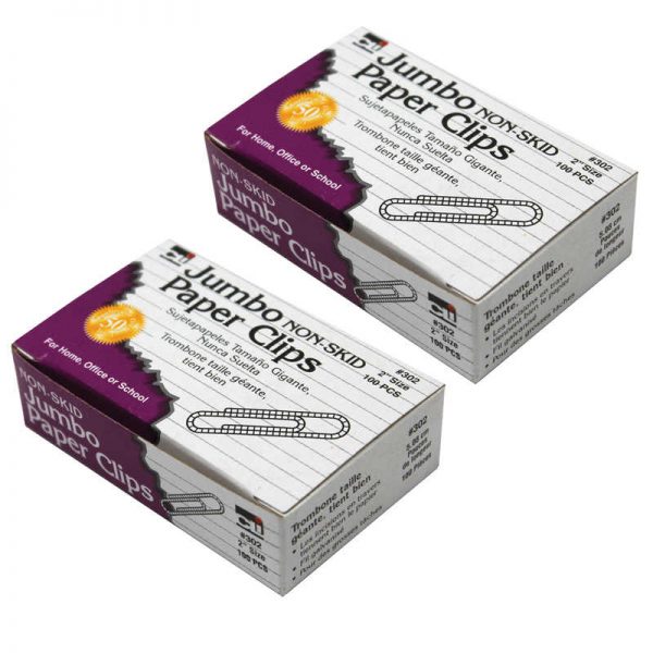 Charles Leonard Paper Clips, Non-Skid, Jumbo, Silver, 100 Per Box, 20 Boxes
