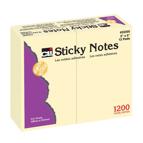 Charles Leonard Sticky Notes, 3" x 5", Plain, Yellow, 12 Pads
