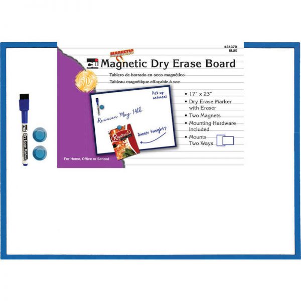 Charles Leonard, Inc. Magnetic Dry Erase Board, 17" x 23", w/Eraser/Marker and 2 Magnets, Blue Frame, 1 Each