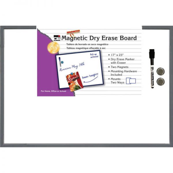 Charles Leonard, Inc. Magnetic Dry Erase Board, 17" x 23", w/Eraser/Marker and 2 Magnets, Gray Frame, 1 Each