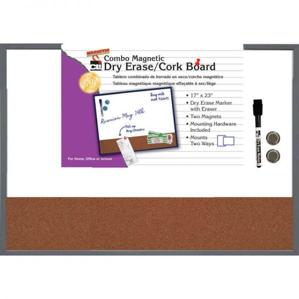 Charles Leonard, Inc. Magnetic Dry Erase Board with Cork Board, 17" x 23", w/Eraser/Marker and 2 Magnets, Gray Frame, 1 Each