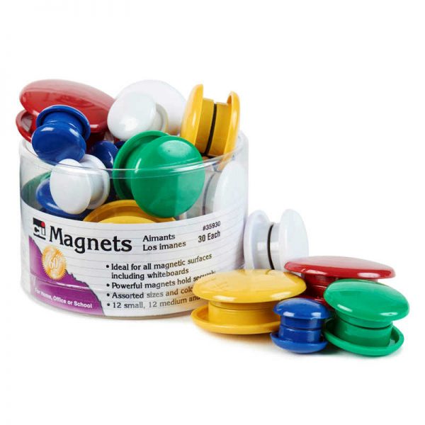 Charles Leonard Round Magnets, Assorted Sizes & Colors, Tub of 30