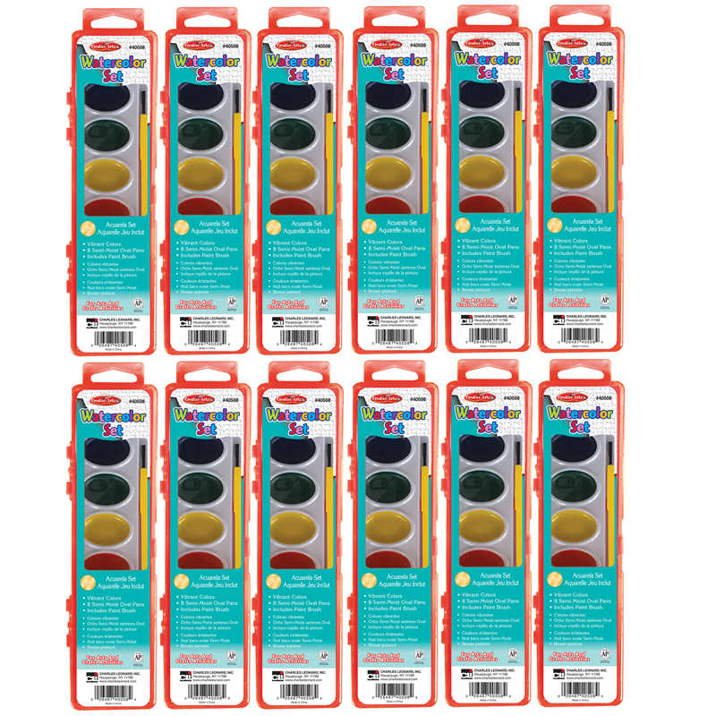 Charles Leonard Semi-Moist Watercolor Paint Set, Oval Pan with Brush, 8 Assorted Colors, 12 Sets