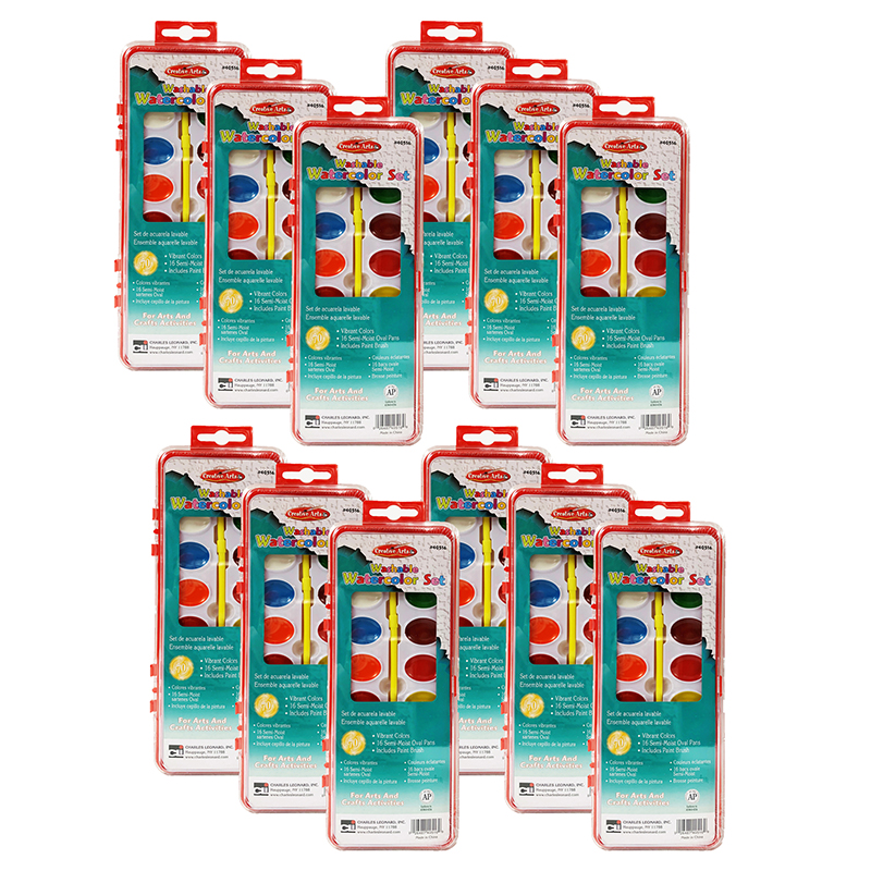 Charles Leonard, Inc. Washable Water Color Set, Oval Pan w/Brush, 16 Assorted Colors, 12 Sets