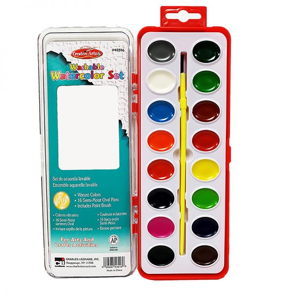 Charles Leonard, Inc. Washable Water Color Set, Oval Pan w/Brush, 16 Assorted Colors, 1 Set