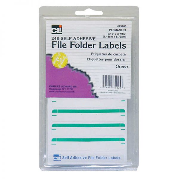 Charles Leonard File Folder Labels, Self-Adhesive, 0.56" x 3.43", Green, Box of 248