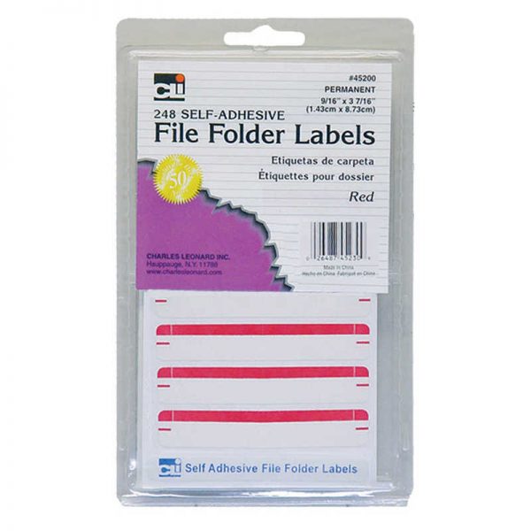 Charles Leonard File Folder Labels, Self-Adhesive, 0.56" x 3.43", Red, Box of 248