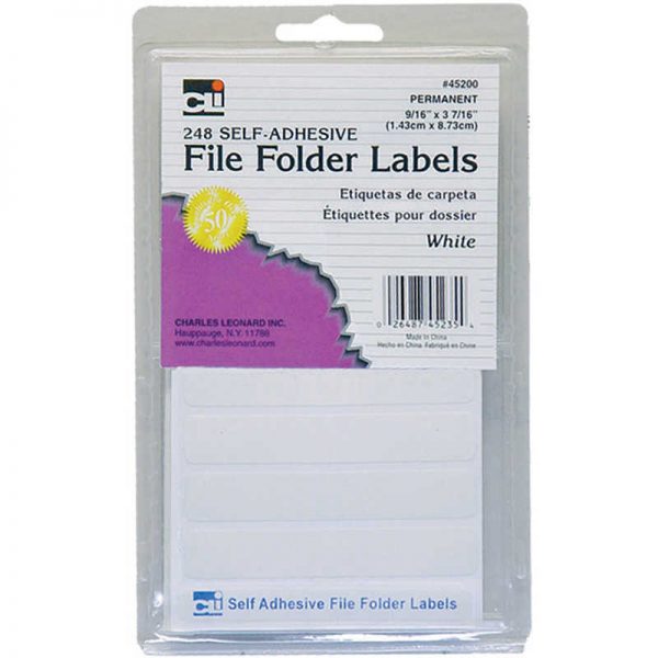 Charles Leonard File Folder Labels, Self-Adhesive, 0.56 x 3.43 Inches, White, 248-Count