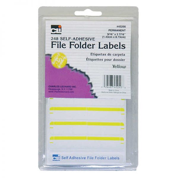 Charles Leonard File Folder Labels, Self-Adhesive, 0.56" x 3.43", Yellow, Box of 248