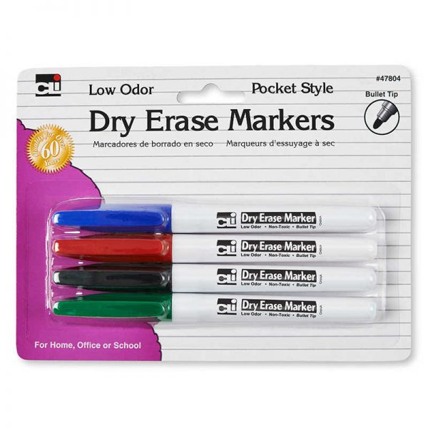 Charles Leonard Dry Erase Markers, 4 Colors, Bullet Tip, Pack of 4