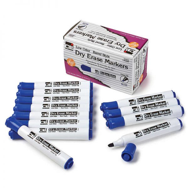 Charles Leonard Dry Erase Markers, Barrel Style, Chisel Tip, Blue, Pack of 12