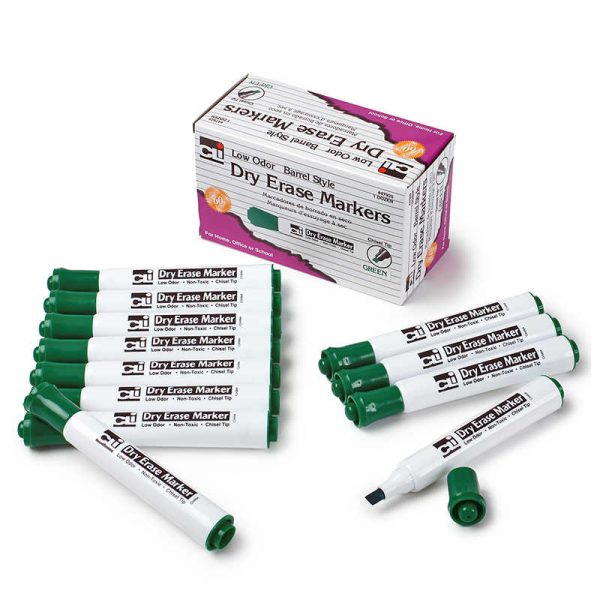 Charles Leonard Dry Erase Markers, Barrel Style, Chisel Tip, Green, Pack of 12