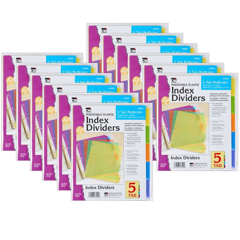 Charles Leonard Index Dividers, 5-Tab, Assorted Colors, 5 Per Pack, 12 Packs