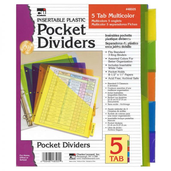 Charles Leonard 5-Tab Pocket Dividers, Assorted Colors, 5 Per Pack