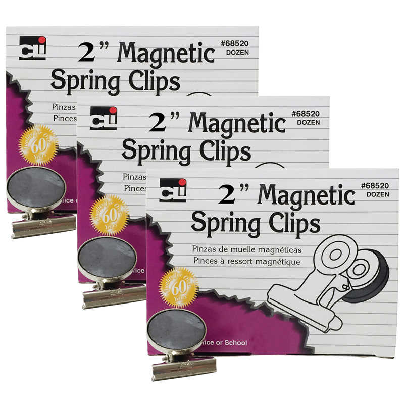 Charles Leonard Magnetic Spring Clips, 2", 12 Per Box, 3 Boxes