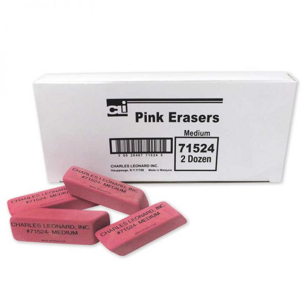 Charles Leonard Medium Natural Rubber Pink Wedge Eraser, 24 Per Pack, 3 Packs
