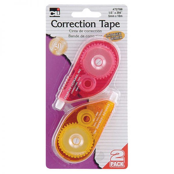 Charles Leonard White Paper Correction Tape, Assorted Color Cases, 1/5" x 394", Pack of 2