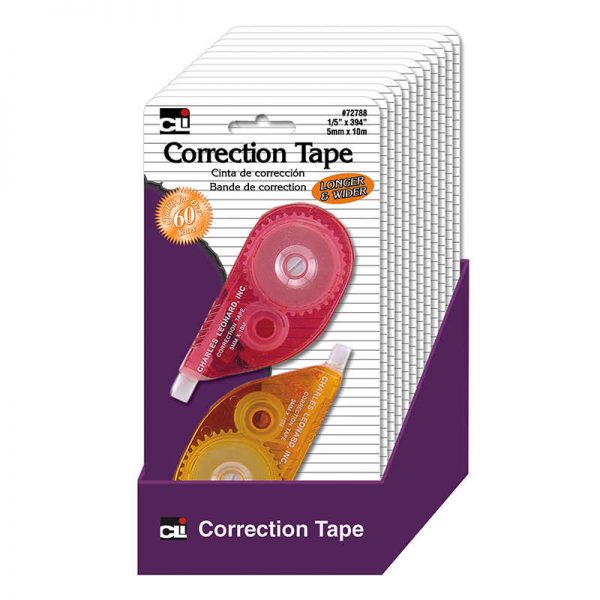 Charles Leonard Correction Tape, 1/5" x 394", Assorted Colors, 2 Per Pack, 12 Packs