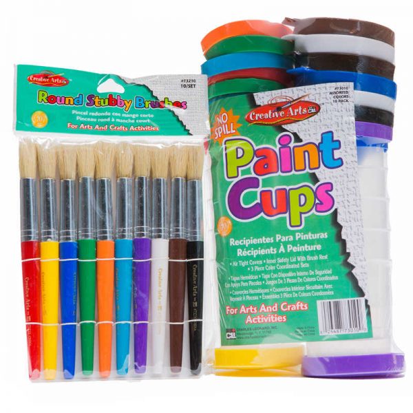 Charles Leonard Paint Cups & Round Stubby Bush Set, Assorted Colors, 10/Set