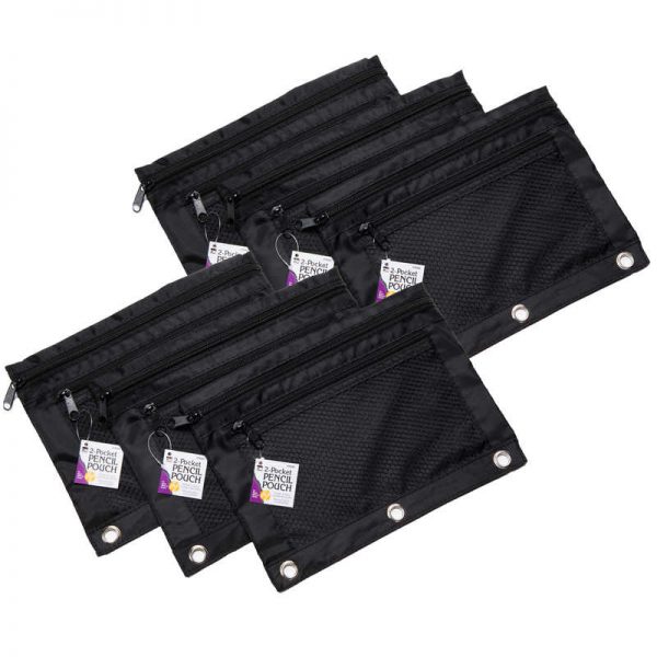 Charles Leonard Pencil Pouch, 2 Pocket with Mesh Front, Black, Pack of 6