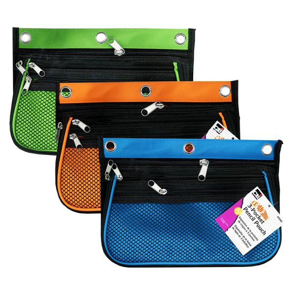 Charles Leonard, Inc. 3 Pocket Pencil Pouch, Expanding to 2.25", 10.25"W x 7.25"H x 2.5"D - Assorted Colors, Pack of 3