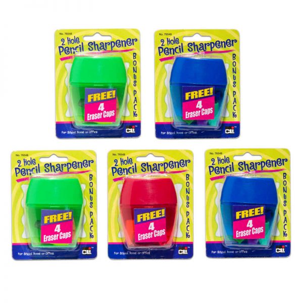 Charles Leonard Two-Hole Pencil Sharpener w/Catcher, Bonus Erasers, Assorted Colors, Set of 12