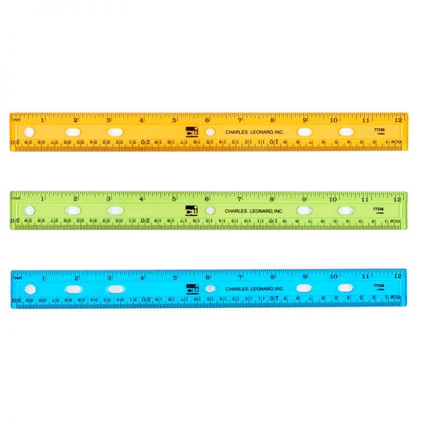 Charles Leonard Double Bevel Plastic Flat Rulers, Translucent Assorted Colors, 12"