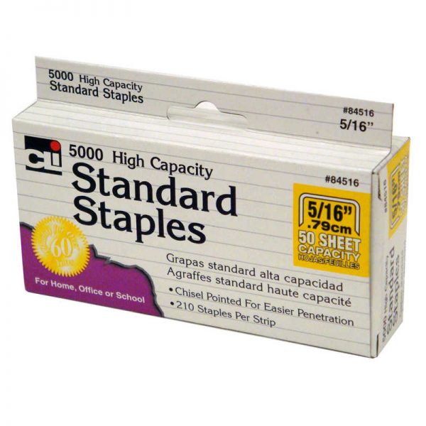 Charles Leonard High Capacity Standard Staples, 5/16 Inch Leg Length, Silver, 5000/Box