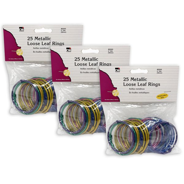 Charles Leonard, Inc. Loose Leaf Rings, 2" Diameter, Metallic Assorted Colors, 25 Per Pack, 3 Packs