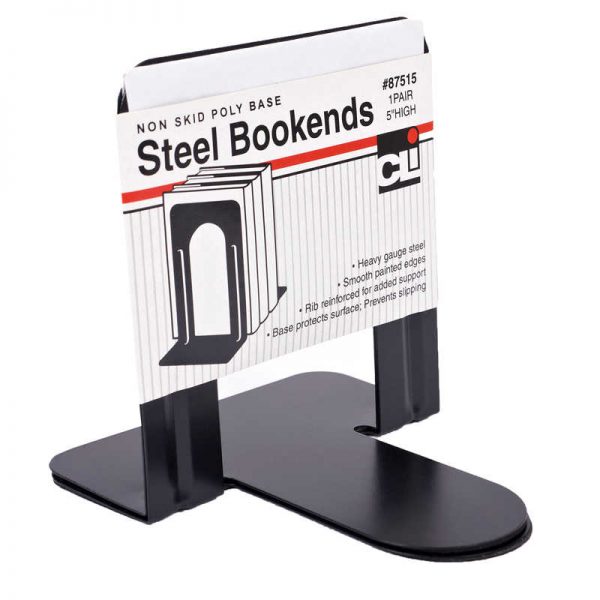 Charles Leonard Metal Bookends, 5"H, Black, 1 Pair