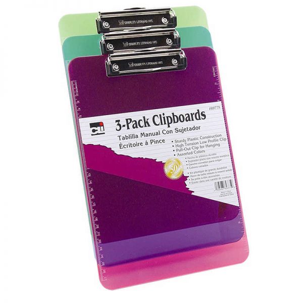 Charles Leonard Clipboard - Plast/Transp w/Low Profile Clip - Ltr - Assorted Neon Colors, 3/Pk
