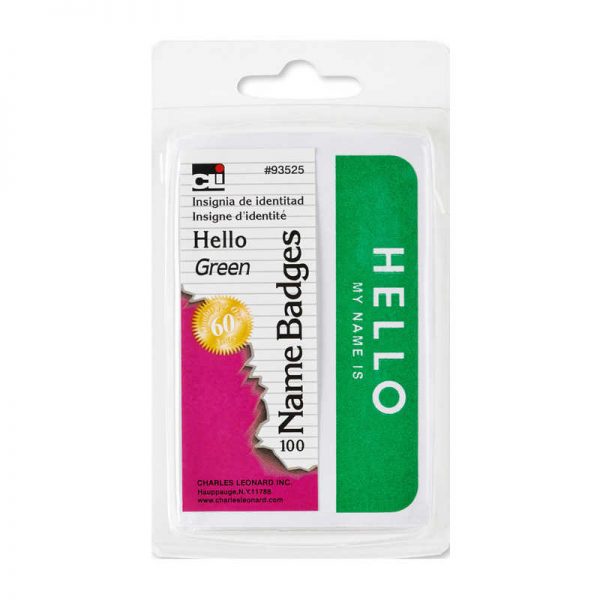 Charles Leonard Labels, Name Badge, Hello My Name Is, 3-3/8" x 2-1/4", Green, Pack of 100