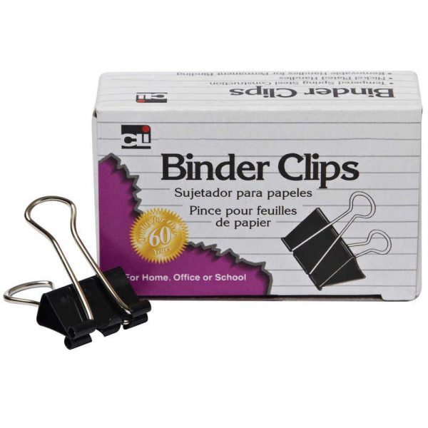 Charles Leonard Binder Clips, Large, 1 Inch Capacity, Black/Silver, 12/Box